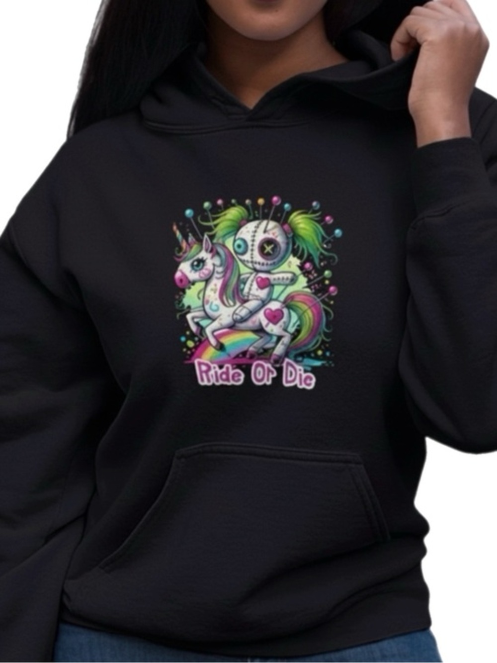 Black Fleece Pullover Hoodie ‘RIDE OR DIE’ Rainbow Unicorn & Voodoo Doll